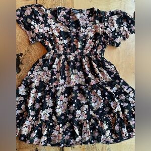 Angie Floral Black and Peachy Pink Dress